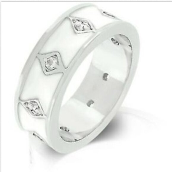 Silver Art Deco Ring Size 5 White Enamel Band Rhodium Vintage Style Plated - Picture 3 of 8